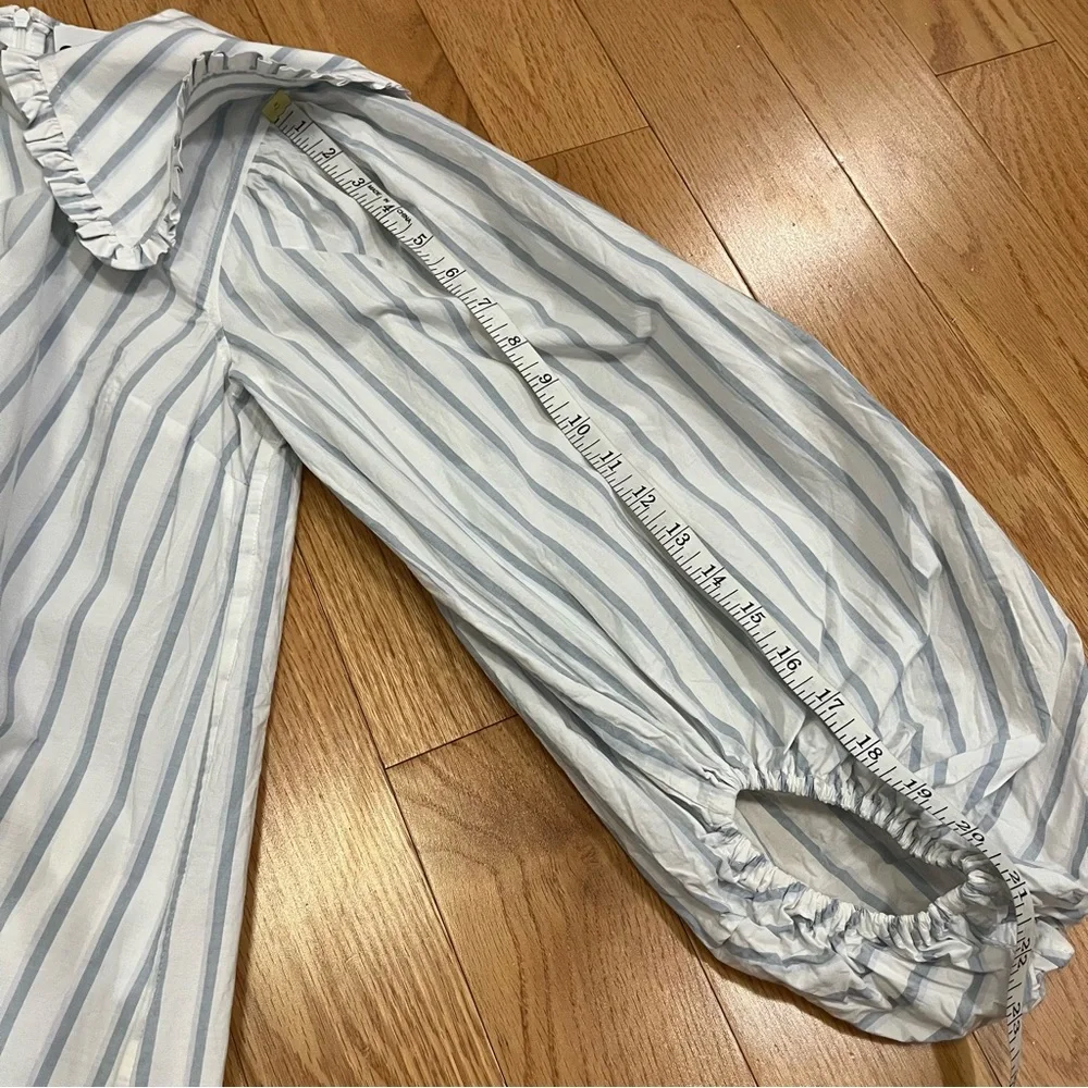 Ganni Blue and White Striped Balloon Sleeve Dress - Picture 12 of 12
